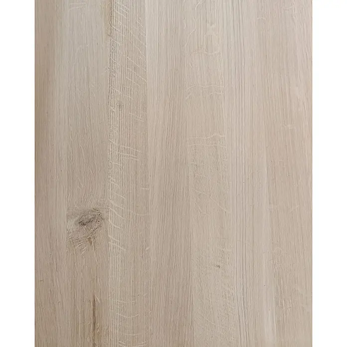 Leimholzplatte - Eiche, Qualitätsstufe Leimholzplatte: A/B, 3.000 x 1.210 x 26 mm - Helles Holzbrett mit einer sanften Maserung und einem Astloch, ideal für Möbel oder Bodenbeläge. Die natürliche Textur sorgt für Wärme.