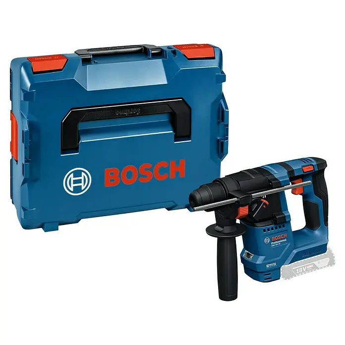 Bosch Professional AMPShare 18V Akku-Bohrhammer - 18 V, Ohne Akku, 1,5 J - Der Bosch Bohrhammer mit Zubehörkoffer. Der Bohrhammer ist blau und schwarz und wird mit einem dazugehörigen 18V Akku betrieben.