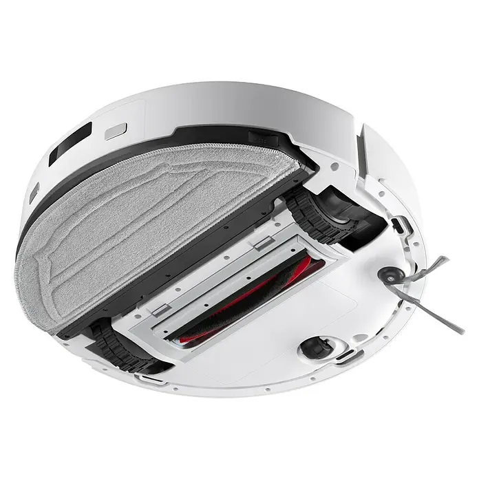 Roborock Saugwischroboter Q10 VF White - Saugkraft: 10.000 Pa, Akkulaufzeit: 150 min, Fassungsvermögen Roboter: 500 ml, Weiß - Nahaufnahme der Unterseite eines Roboterstaubsaugers mit Bürsten, Rädern und Mopp.