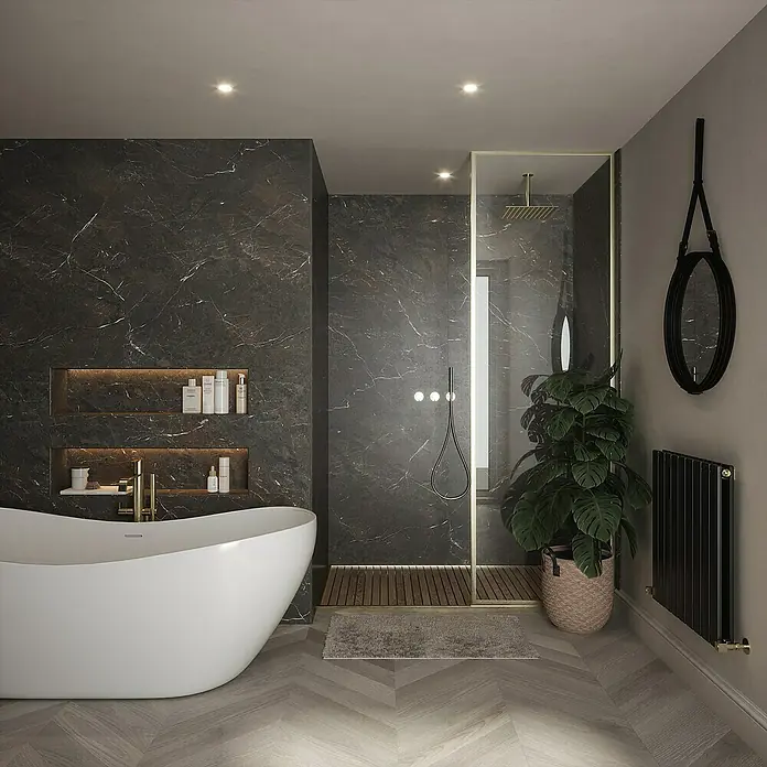 Wetwall Wandpaneel Elite - 16 x 242 cm, Rosso Levanto, Abgerundete Kante - Elegantes Badezimmer mit freistehender Badewanne und stilvoller Dusche mit dunklem Marmor, das luxuriösen Komfort bietet.