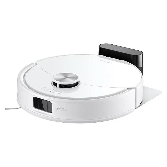 Roborock Saugwischroboter Q10 VF White - Saugkraft: 10.000 Pa, Akkulaufzeit: 150 min, Fassungsvermögen Roboter: 500 ml, Weiß - Bild eines Roborock Saugroboters in Weiß mit Ladestation. Das Gerät verfügt über fortschrittliche Sensoren für eine effiziente Navigation.