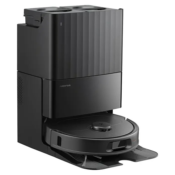 Roborock Saugwischroboter QR 598 Black - Saugkraft: 8.000 Pa, Akkulaufzeit: 180 min, Fassungsvermögen Roboter: 330 ml, Schwarz - Roborock Saugroboter mit Absaugstation. Der Roboter ist schwarz und hat einen runden Körper.