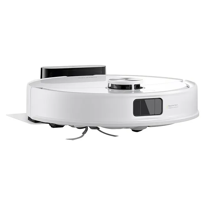 Roborock Saugwischroboter Q10 VF White - Saugkraft: 10.000 Pa, Akkulaufzeit: 150 min, Fassungsvermögen Roboter: 500 ml, Weiß - Nahaufnahme eines weißen Roborock-Staubsaugers mit Hindernisvermeidungstechnologie vor schwarzem Hintergrund.