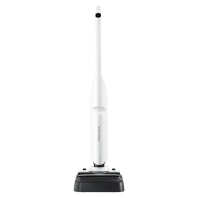 Roborock Akku-Nass-Trockensauger Flexi Lite - Saugkraft: 17.000 Pa, Akkulaufzeit: 40 min, Wassertankvolumen: 0,62 l - Das Bild zeigt einen weißen Roborock Staubsauger mit einer dunklen Basis. Der Staubsauger ist schlank und modern gestaltet.