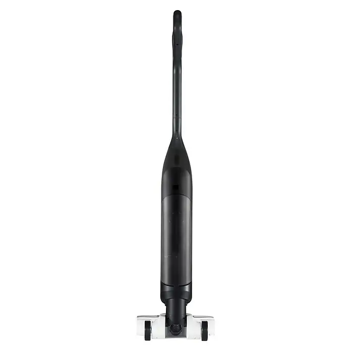 Roborock Akku-Nass-Trockensauger Flexi Lite - Saugkraft: 17.000 Pa, Akkulaufzeit: 40 min, Wassertankvolumen: 0,62 l - Ansicht eines schwarzen Akku-Staubsaugers mit durchsichtigem Behälter. Das Gerät steht auf einem weißen Fuß mit schwarzen Rädern.