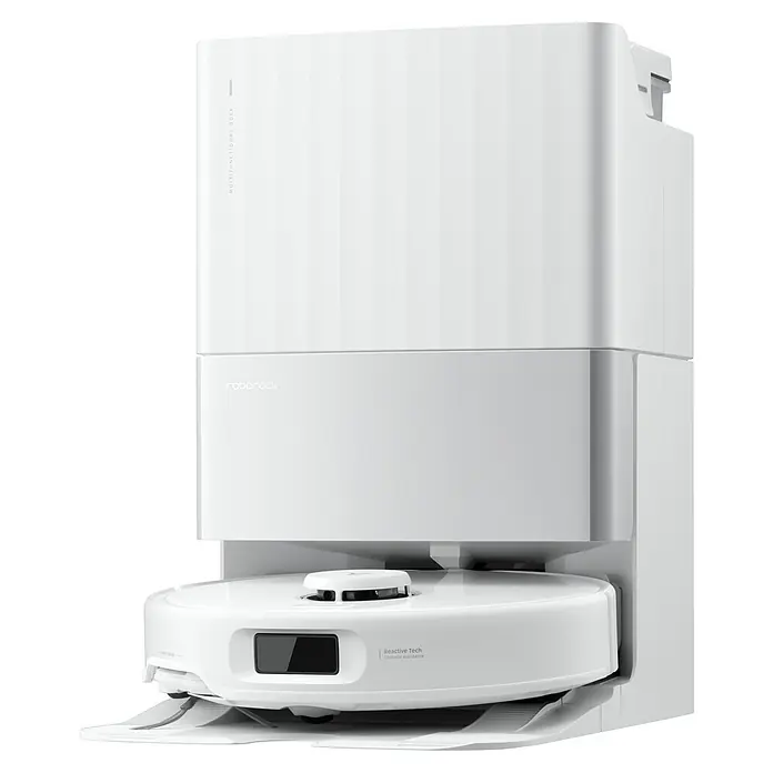 Roborock Saugwischroboter Qrevo Edge 5V1 White - Saugkraft: 18.500 Pa, Akkulaufzeit: 180 min, Fassungsvermögen Roboter: 325 ml, Weiß - Das Bild zeigt einen Roborock S8 Pro Ultra Saugroboter mit seiner Multifunktionsdockingstation.