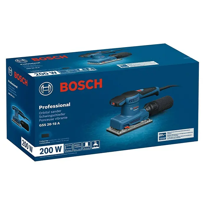 Bosch Professional Elektro-Schwingschleifer GSS 20-18 A -  - Abbildung der Verpackung eines blauen Bosch Professional GSS 20-18 A Exzenterschleifers mit Zubehör und technischen Daten.