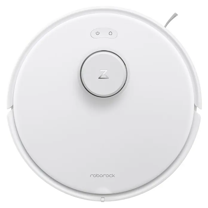 Roborock Saugwischroboter Qrevo Edge 5V1 White - Saugkraft: 18.500 Pa, Akkulaufzeit: 180 min, Fassungsvermögen Roboter: 325 ml, Weiß - Nahaufnahme eines Roborock Saugroboters in Weiß. Das Gerät verfügt über eine runde Form und verschiedene Sensoren auf der Oberseite.