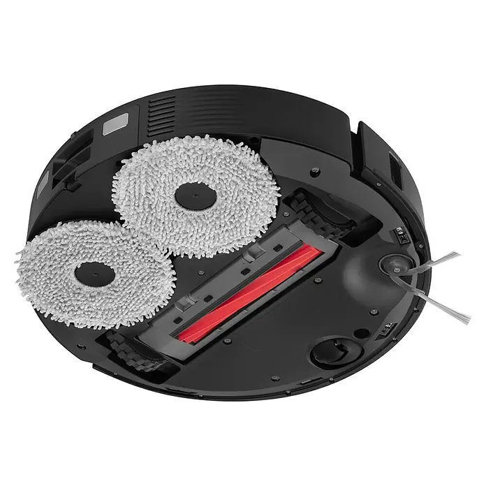 Roborock Saugwischroboter QR 598 Black - Saugkraft: 8.000 Pa, Akkulaufzeit: 180 min, Fassungsvermögen Roboter: 330 ml, Schwarz - Unterseite eines schwarzen Saugroboters mit zwei rotierenden Mopps und einer Bürste.