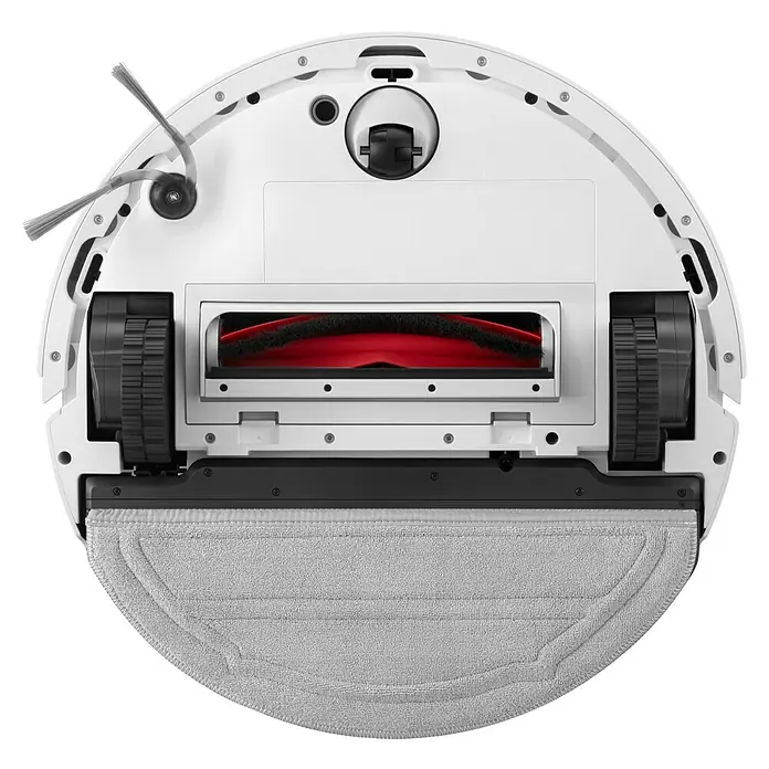 Roborock Saugwischroboter Q10 VF White - Saugkraft: 10.000 Pa, Akkulaufzeit: 150 min, Fassungsvermögen Roboter: 500 ml, Weiß - Unterseite eines Roboterstaubsaugers, der eine Bürste, Räder und einen Moppaufsatz zeigt.