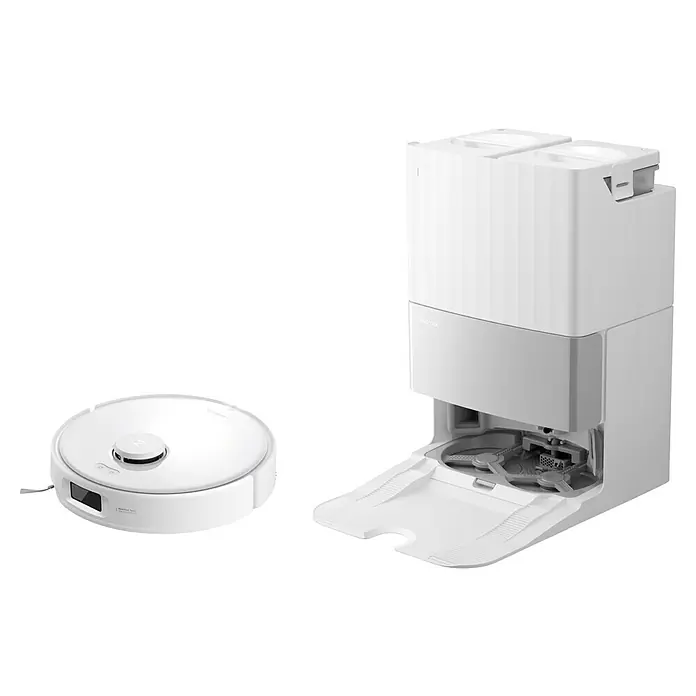 Roborock Saugwischroboter Qrevo Edge 5V1 White - Saugkraft: 18.500 Pa, Akkulaufzeit: 180 min, Fassungsvermögen Roboter: 325 ml, Weiß - Abbildung eines Roborock S8 Pro Ultra Saugroboters neben seiner Absaugstation, beides in Weiß gehalten.