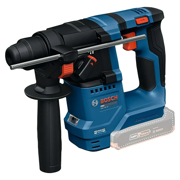 Bosch Professional AMPShare 18V Akku-Bohrhammer GBH 18V-18 - 18 V, Ohne Akku, 1,5 J - Akku-Bohrhammer Boschhammer mit Zusatzhandgriff. Ein vielseitiges Werkzeug für Bau- und Renovierungsarbeiten mit starkem Motor und präziser Steuerung.