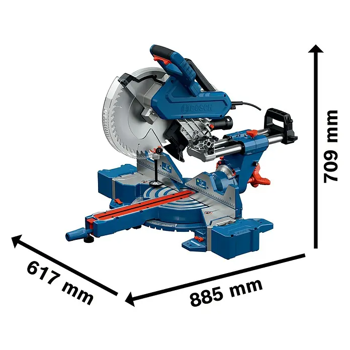 Bosch Professional Kapp- & Gehrungssäge GCM 340-305D - 1.800 W, Durchmesser Sägeblatt: 305 mm, Leerlaufdrehzahl: 4.050 U/min - Abbildung einer Bosch Kapp- und Gehrungssäge mit Maßangaben für Länge, Breite und Höhe. Präzises Werkzeug für Holzbearbeitung.