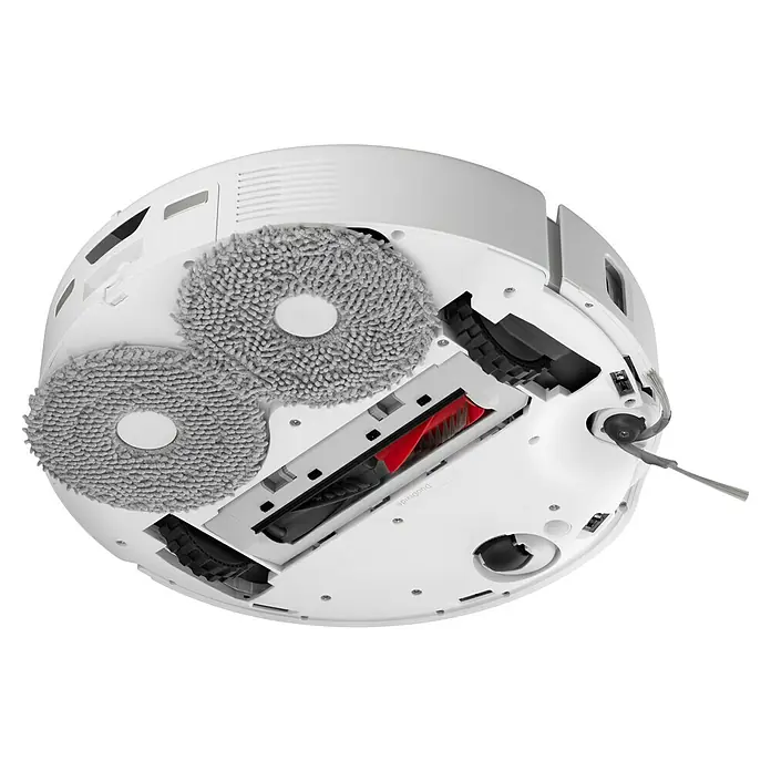Roborock Saugwischroboter Qrevo Edge 5V1 White - Saugkraft: 18.500 Pa, Akkulaufzeit: 180 min, Fassungsvermögen Roboter: 325 ml, Weiß - Unterseite eines Roboterstaubsaugers mit zwei Mopps, einer Bürste und einem Seitenarm zur Reinigung von Böden.