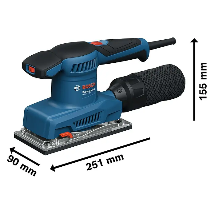 Bosch Professional Elektro-Schwingschleifer GSS 20-18 A -  - Produktansicht des Bosch Professional GSS 20-18 A Akku-Exzenterschleifers mit Abmessungsangaben.