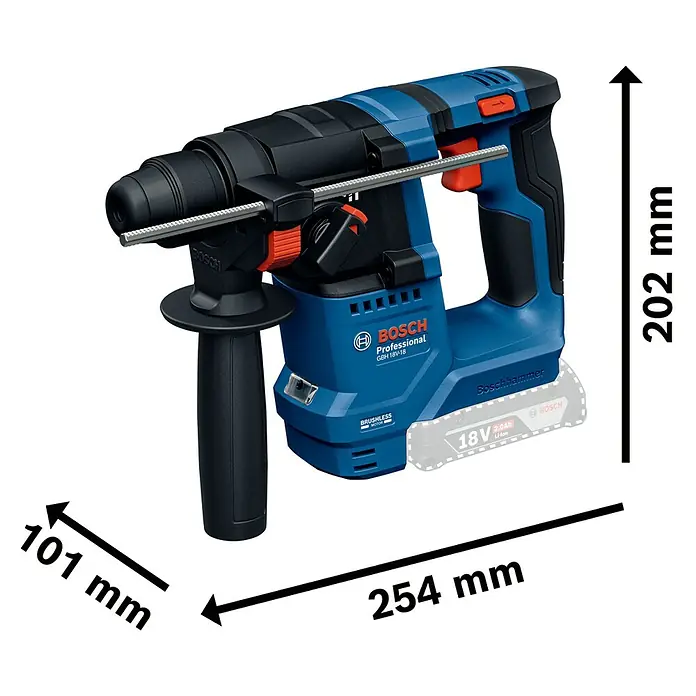 Bosch Professional AMPShare 18V Akku-Bohrhammer GBH 18V-18 - 18 V, Ohne Akku, 1,5 J - Bild einer Bosch GBH 18V-18 Akku-Bohrmaschine mit Abmessungsangaben.