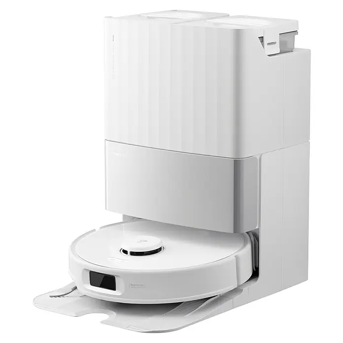 Roborock Saugwischroboter Qrevo Edge 5V1 White - Saugkraft: 18.500 Pa, Akkulaufzeit: 180 min, Fassungsvermögen Roboter: 325 ml, Weiß - Ein weißer Saugroboter mit Reinigungsstation. Die Station hat ein schlankes, modernes Design und der Roboter befindet sich in der Basis.