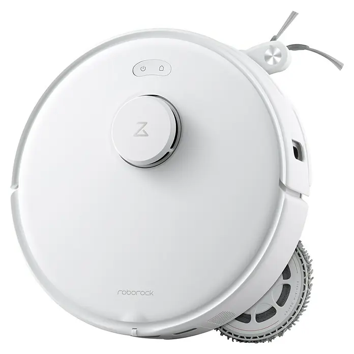 Roborock Saugwischroboter Qrevo Edge 5V1 White - Saugkraft: 18.500 Pa, Akkulaufzeit: 180 min, Fassungsvermögen Roboter: 325 ml, Weiß - Nahaufnahme des Roborock S8 Pro Ultra, einem weißen Saugroboter mit fortschrittlicher Navigation und intelligenter Hindernisvermeidung.