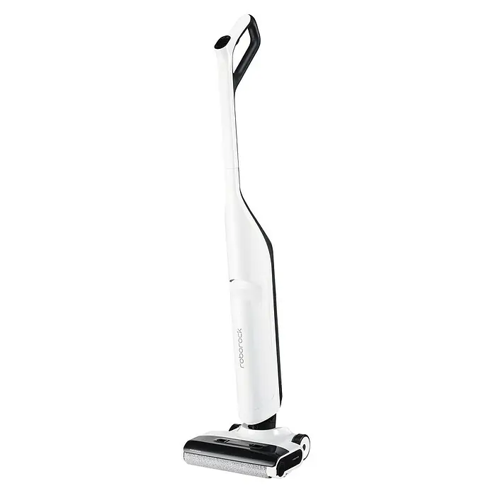 Roborock Akku-Nass-Trockensauger Flexi Lite - Saugkraft: 17.000 Pa, Akkulaufzeit: 40 min, Wassertankvolumen: 0,62 l - Ein eleganter, kabelloser Staubsauger von Roborock in Weiß und Schwarz, der durch sein schlankes Design und hohe Funktionalität besticht.