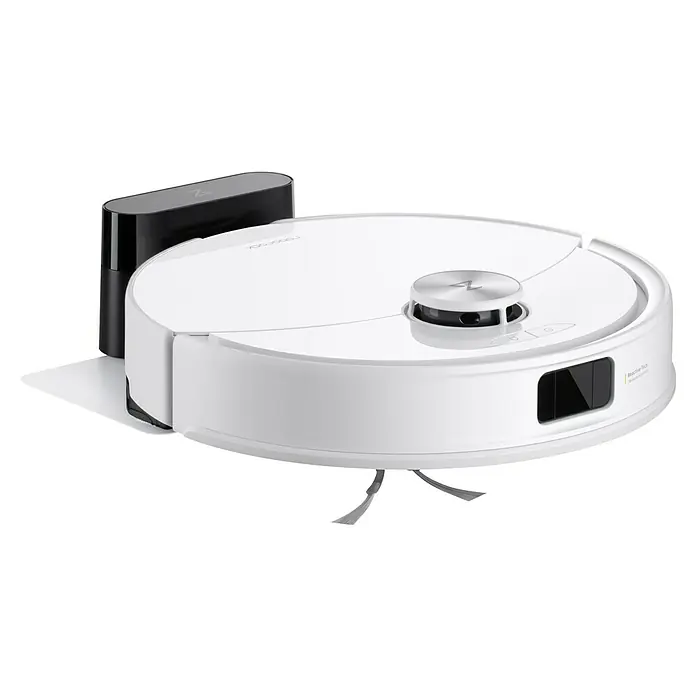 Roborock Saugwischroboter Q10 VF White - Saugkraft: 10.000 Pa, Akkulaufzeit: 150 min, Fassungsvermögen Roboter: 500 ml, Weiß - Nahaufnahme eines weißen Roborock S7 MaxV Ultra Saugroboters mit schwarzer Ladestation, der für effizientes Staubsaugen entwickelt wurde.