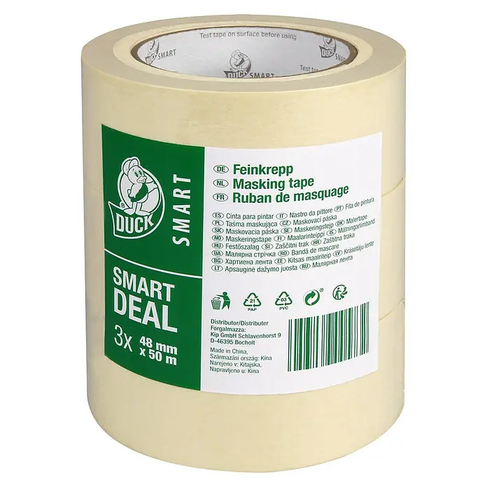 Duck Smart Feinkreppband Smar Deal - L x B: 50 m x 48 mm - Bild von drei Rollen Duck Smart Feinkrepp-Klebeband, ideal zum Abdecken beim Malen und für andere Bastelprojekte.