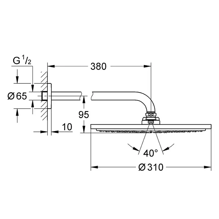 Grohe Rainshower Cosmopolitan 310 Kopfbrausen-Set - Durchmesser: 31 cm, 9,5 l/min, Wandmontage, Chrom - Technische Zeichnung des Duschkopfs mit Maßangaben. Die Zeichnung zeigt detaillierte Maße und Spezifikationen des Duschkopfs.