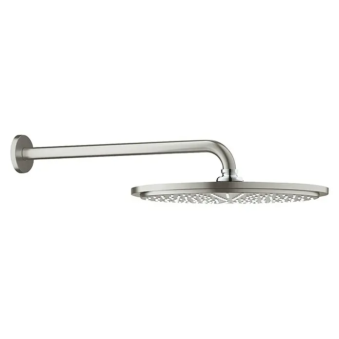 Grohe Rainshower Cosmopolitan 310 Kopfbrausen-SetDurchmesser: 31 cm, 9,5 l/min, Wandmontage, Supersteel - Eine moderne Kopfbrause aus gebürstetem Edelstahl mit Wandarm. Das Duschsystem verspricht ein luxuriöses Duscherlebnis.