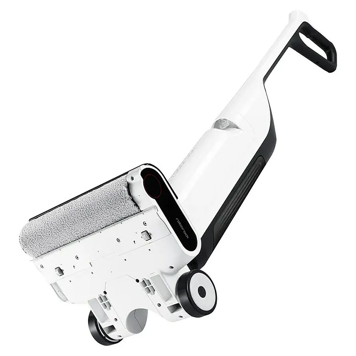Roborock Akku-Nass-Trockensauger Flexi Lite - Saugkraft: 17.000 Pa, Akkulaufzeit: 40 min, Wassertankvolumen: 0,62 l - Ein weißer Roborock Nass-Trockensauger steht schräg und zeigt die Reinigungsbürste und das schlanke Design. Ideal für die schnelle Bodenreinigung.