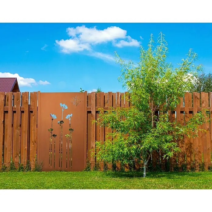 Jabo-Design Sichtschutzelement - 90 x 180 cm, Dekor Mohn, Edelrost - Gartenzaun mit dekorativem Sichtschutz aus Metall mit floralem Muster. Der Zaun bietet Privatsphäre und verschönert den Garten.