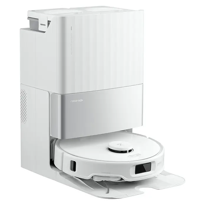 Roborock Saugwischroboter Qrevo Edge 5V1 White - Saugkraft: 18.500 Pa, Akkulaufzeit: 180 min, Fassungsvermögen Roboter: 325 ml, Weiß - Ein Roborock Staubsaugerroboter mit einer Ladestation in Weiß. Ideal für die automatische Reinigung.