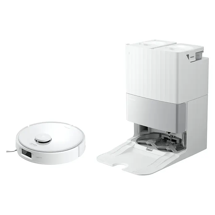 Roborock Saugwischroboter Qrevo Edge 5V1 White - Saugkraft: 18.500 Pa, Akkulaufzeit: 180 min, Fassungsvermögen Roboter: 325 ml, Weiß - Ein weißer Saugroboter mit Absaugstation steht auf dem Boden. Das Gerät ist modern und minimalistisch designt für eine optimale Reinigung.