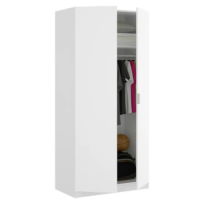 Dekit Armario para ropa Essen - L x An x Al: 52 x 81 x 184 cm, Blanco - Armario blanco con puerta abierta, mostrando ropa, una pelota de baloncesto y una bolsa de gimnasio. Solución de almacenamiento elegante.