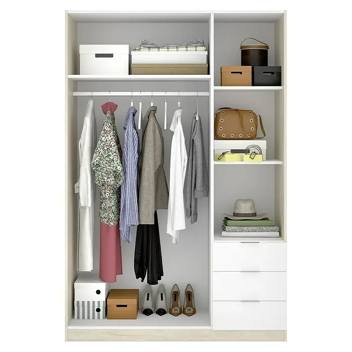 Dekit Armario para ropa Essen con cajones - L x An x Al: 52 x 121 x 184 cm, Blanco/Natural, Número de cajones: 3 ud. - Un armario abierto que muestra ropa, zapatos y cajas de almacenamiento presenta una solución de almacenamiento versátil.