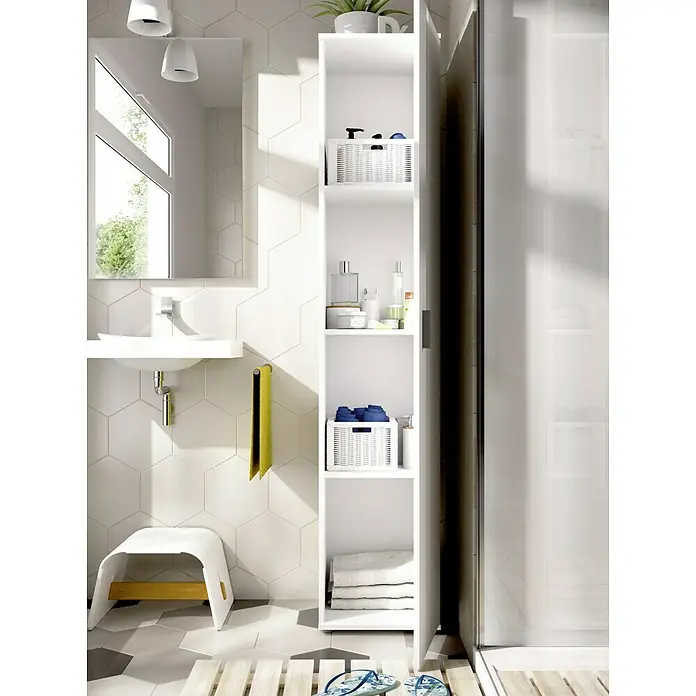 Dekit Armario multiusos de madera Fit - L x An x Al: 35 x 39 x 190 cm, Número de baldas: 4 ud., Blanco - Un baño con un mueble alto, estrecho y blanco con múltiples estantes para guardar diversos elementos esenciales del baño.