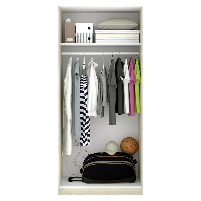 Dekit Armario para ropa Essen - L x An x Al: 52 x 81 x 184 cm, Natural - Un primer plano de un armario lleno de ropa, cajas y artículos deportivos, que ofrece una solución de almacenamiento organizada.