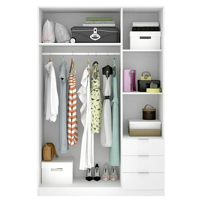 Dekit Armario para ropa Essen con cajones - L x An x Al: 52 x 121 x 184 cm, Blanco, Número de cajones: 3 ud. - Un espacioso armario blanco con ropa, zapatos y accesorios perfectamente guardados, que ofrece elegantes soluciones de almacenamiento.