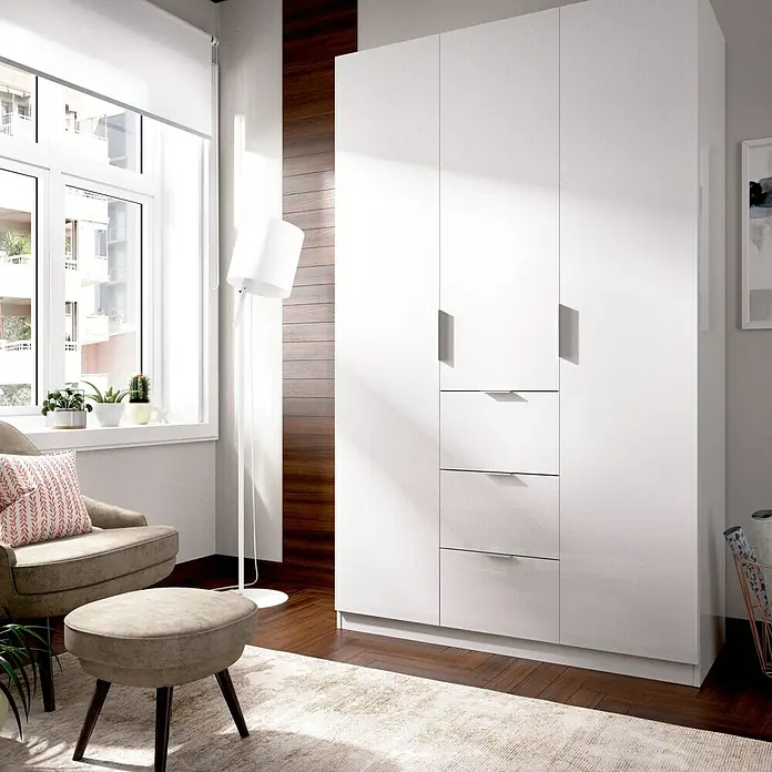 Dekit Armario para ropa Essen con cajones - L x An x Al: 52 x 135 x 204,4 cm, Blanco, Número de cajones: 3 ud. - Un armario blanco moderno con cajones y puertas, que combina funcionalidad y estilo en cualquier dormitorio.