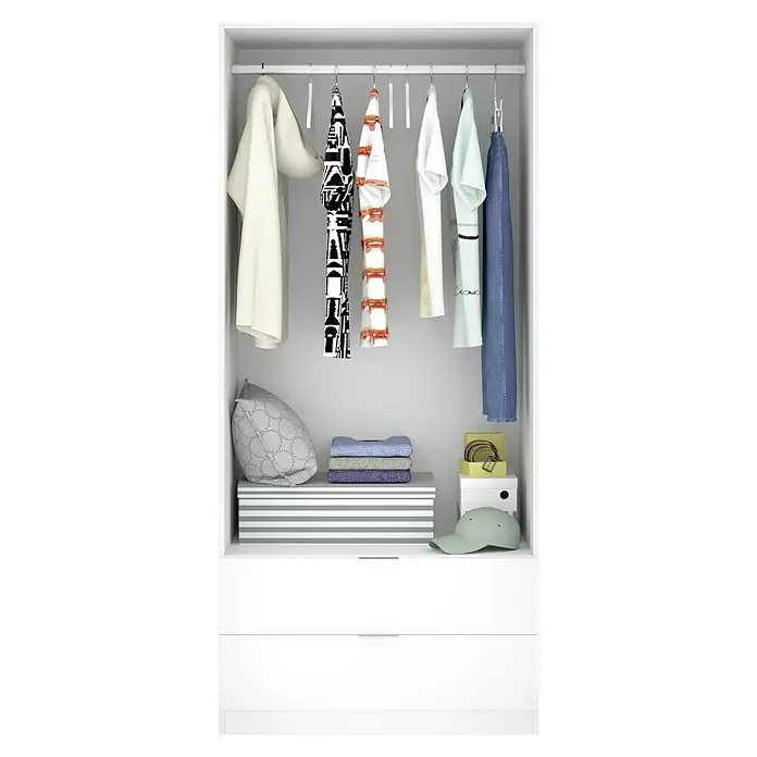 Dekit Armario para ropa Essen con cajones - L x An x Al: 52 x 81 x 184 cm, Blanco, Número de cajones: 2 ud. - Un armario espacioso con ropa colgando, ropa apilada, una almohada, cajas y una gorra de béisbol.