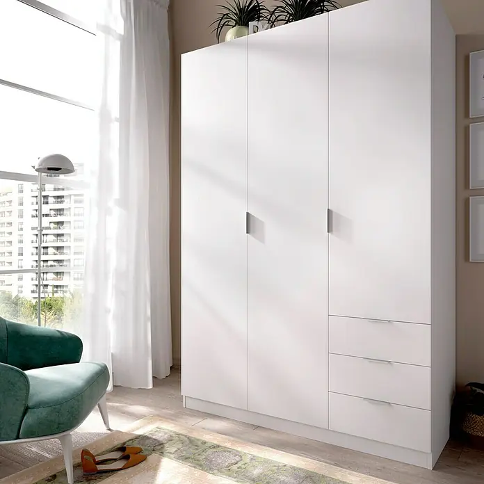 Dekit Armario para ropa Essen con cajones - L x An x Al: 52 x 121 x 184 cm, Blanco, Número de cajones: 3 ud. - Imagen de un armario blanco con tres puertas y cajones. Mueble elegante para el dormitorio o vestidor.