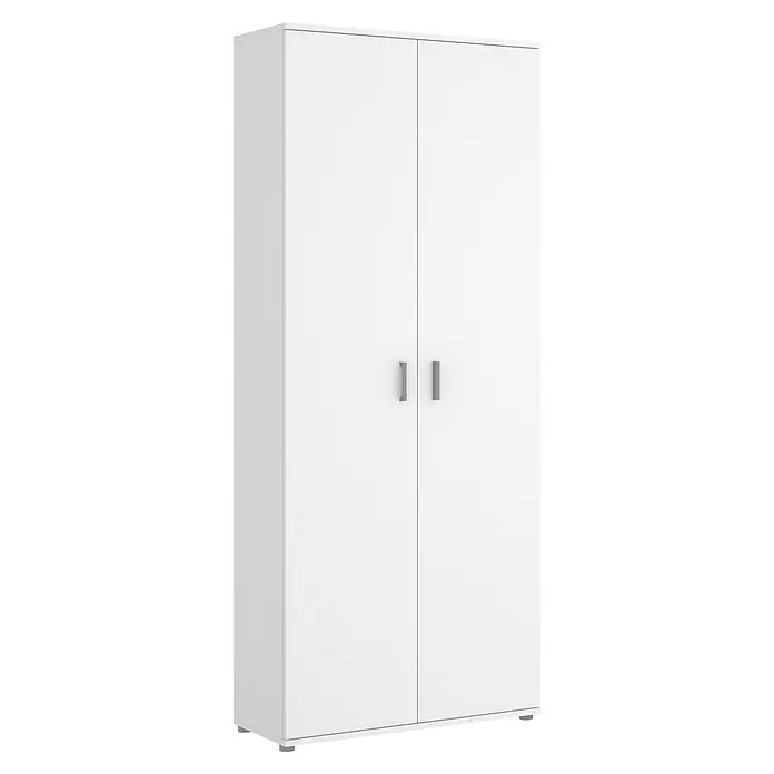 Dekit Armario multiusos de madera Fit escobero - L x An x Al: 35 x 78 x 190 cm, Blanco - Un armario moderno blanco con dos puertas y manijas plateadas. El armario ofrece mucho espacio de almacenamiento y encaja perfectamente en cualquier dormitorio.