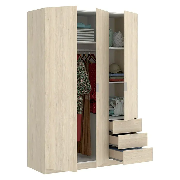 Dekit Armario para ropa Essen con cajones - L x An x Al: 52 x 121 x 184 cm, Natural, Número de cajones: 3 ud. - Amplio armario con acabado en madera clara, puertas abiertas y cajones para un almacenamiento óptimo de ropa.