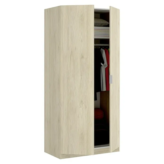 Dekit Armario para ropa Essen - L x An x Al: 52 x 81 x 184 cm, Natural - Armario de madera clara con puerta parcialmente abierta, que revela ropa y una pelota en el interior.