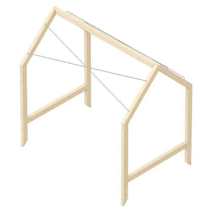 Upyard Hochbeet-Überdachung Schutzrahmen inkl. 3 Abdeckungen - Passend für: Hochbeete 120 × 80 cm - Detailaufnahme eines Holzrahmenbaus mit Dachsparren und Verstrebungen, ideal für Bauprojekte oder architektonische Visualisierungen.