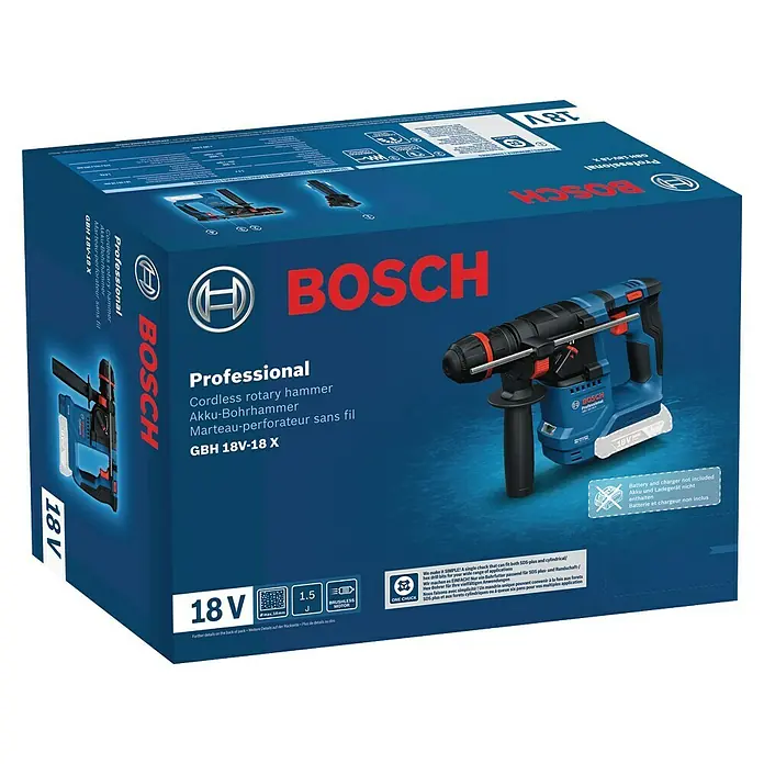 Bosch Professional AMPShare 18V Akku-Bohrhammer GBH 18V-18X - 18 V, Ohne Akku, 1,5 J - Produktbild des Bosch GBH 18V-18 X Akku-Bohrhammers, ein professionelles Werkzeug für vielfältige Bohrarbeiten.