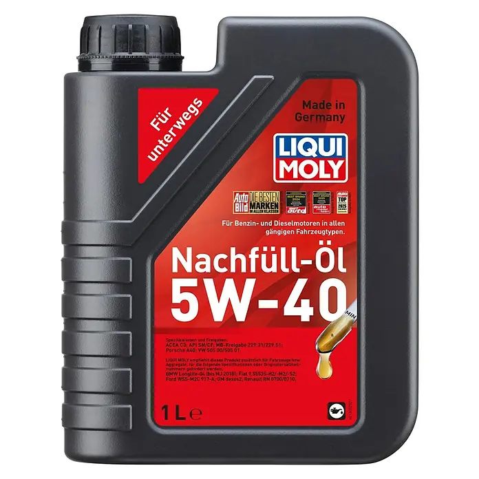 Liqui Moly Motoröl 5W-40 - 5W-40, C3 - Bild einer 1-Liter-Flasche Liqui Moly Nachfüll-Öl 5W-40, ein hochwertiges Motorenöl für Benzin- und Dieselmotoren, hergestellt in Deutschland.