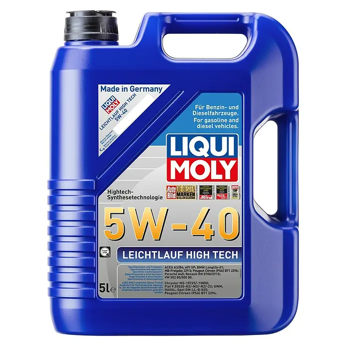 Liqui Moly Leichtlaufmotorenöl High Tech - 5 l, 5W-40, A3/B4 - Bild eines blauen 5-Liter-Kanisters Liqui Moly Leichtlauf High Tech 5W-40 Motoröl, hergestellt in Deutschland, für Benzin- und Dieselfahrzeuge.