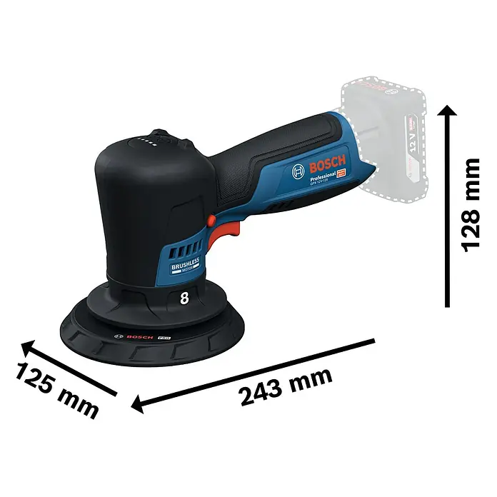 Bosch Professional Akku-Poliermaschine GPX 12V-125 - 12 V, Ohne Akku, Leerlaufdrehzahl: 1.400 U/min - 7.000 U/min - Abbildung des Bosch Professional GPX 12V-125 Exzenterschleifers mit Maßen für Länge, Breite und Höhe.