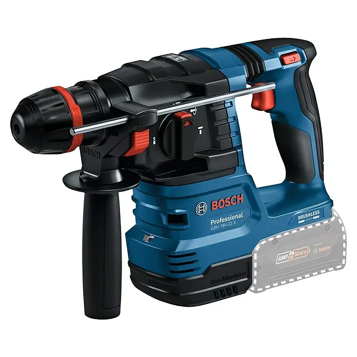 Bosch Professional AMPShare 18V Akku-Bohrhammer GBH 18V-22X - 18 V, Ohne Akku, 2 J - Der Bosch GBH 18V-22 X Akku-Bohrhammer mit robustem Design und bürstenlosem Motor für effizientes Arbeiten auf jeder Baustelle.