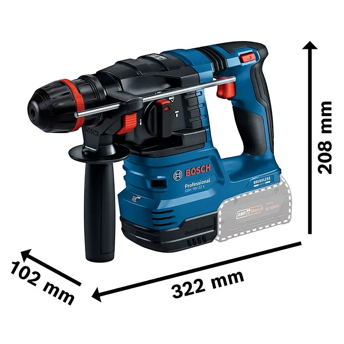 Bosch Professional AMPShare 18V Akku-Bohrhammer GBH 18V-22X - 18 V, Ohne Akku, 2 J - Abbildung eines Bosch GBH 18V-22 X Akku-Bohrhammers mit Abmessungen.