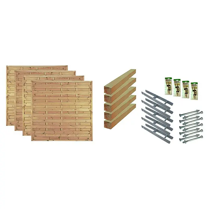 T & J Zaun-Set Manhatten - 765 x 180 cm, Kesseldruckimprägniert Grün, 23 -tlg. - Produktabbildung eines Zaunbausatzes mit Holzpaneelen, Pfosten, Gitter und Beschlägen für den Aufbau eines Gartenzauns.